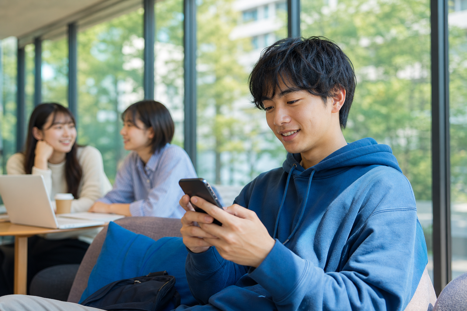 スマートフォンでキャリアサービスを使う学生